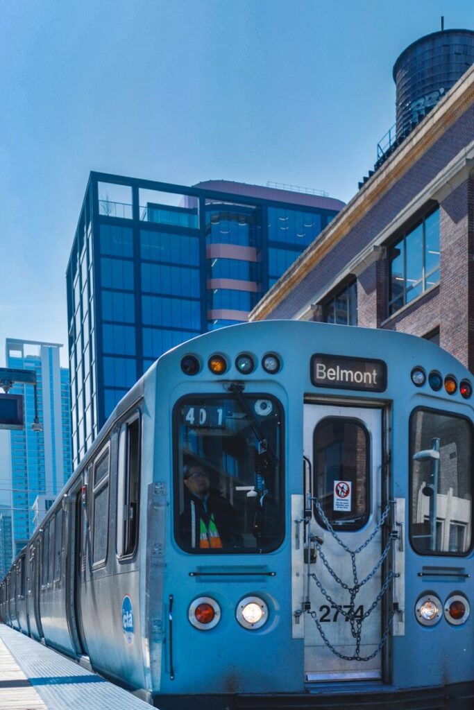 Train on a track in an urban city.