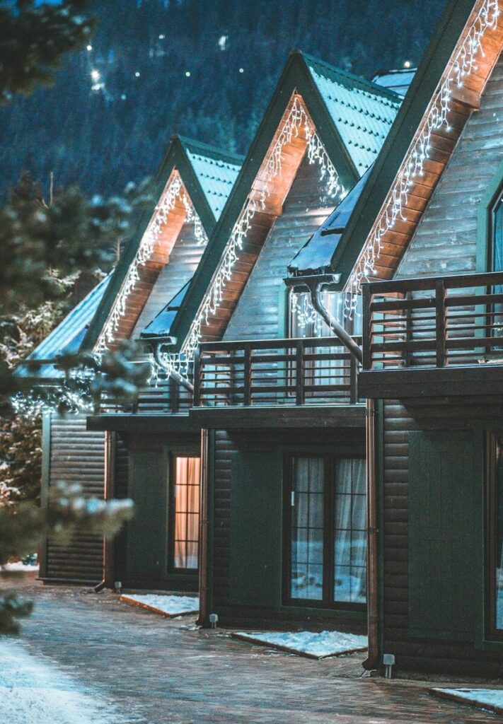 Photo by Roman Datsiuk brown wooden house near green trees during night time